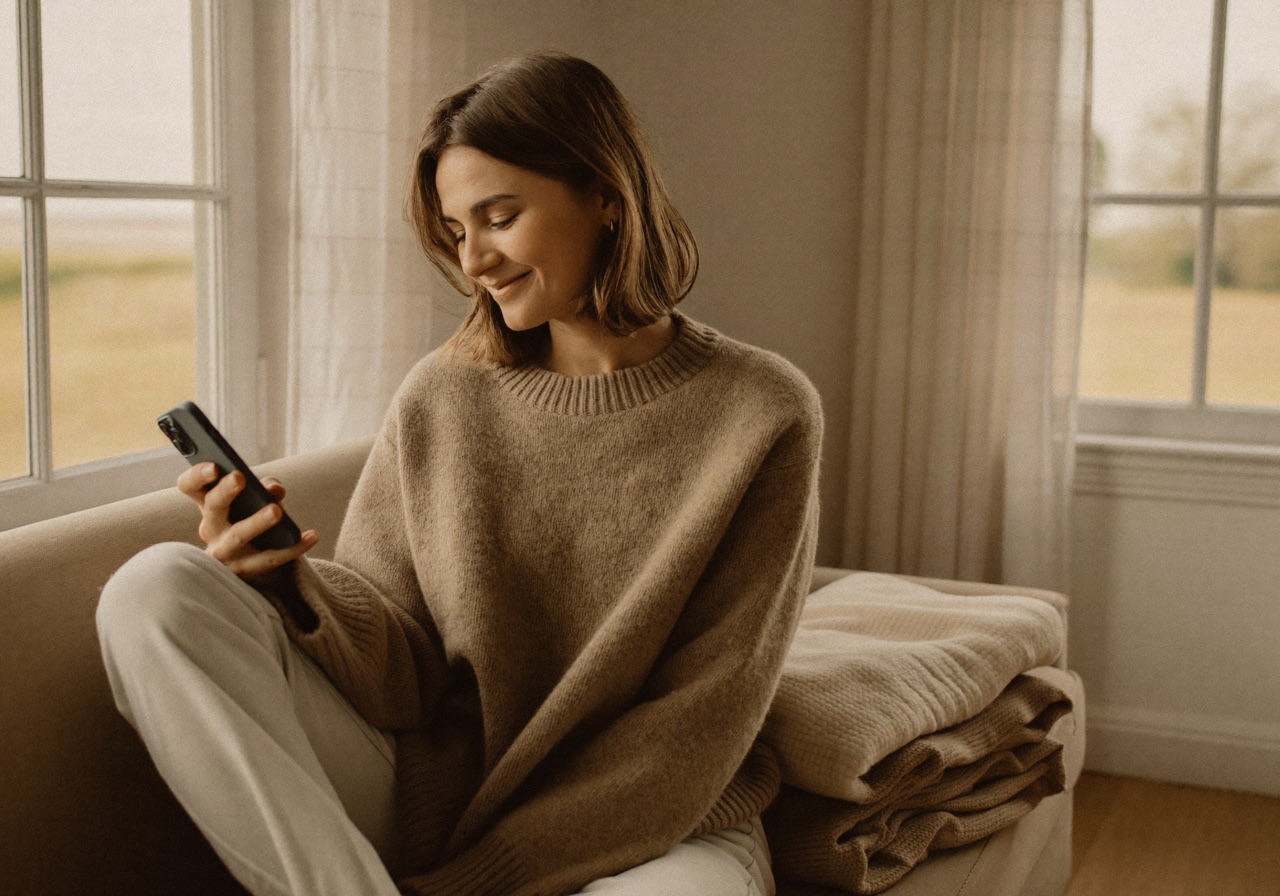 A calm mum having a quiet daily voice check-in on her phone