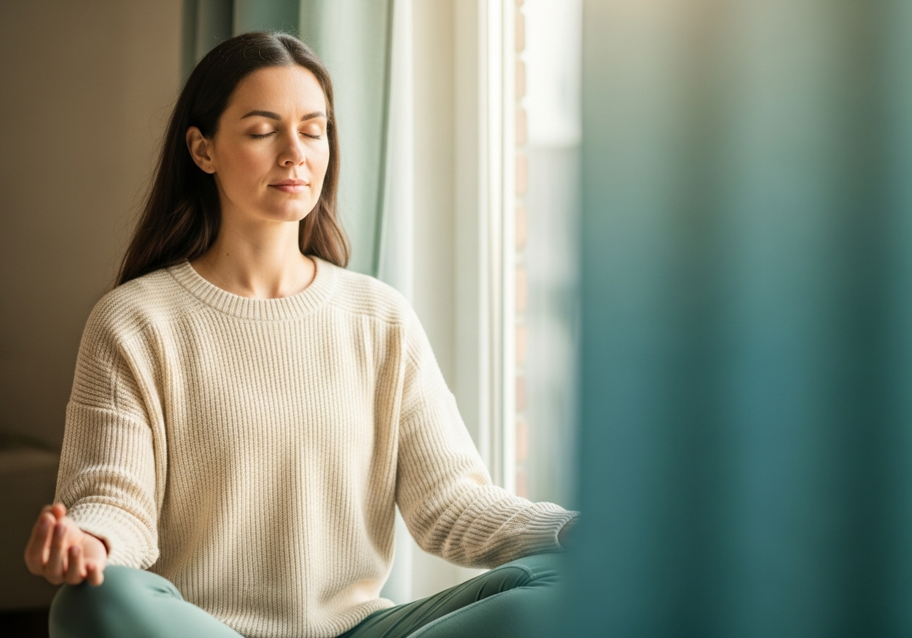 A mum in a quiet breathing meditation